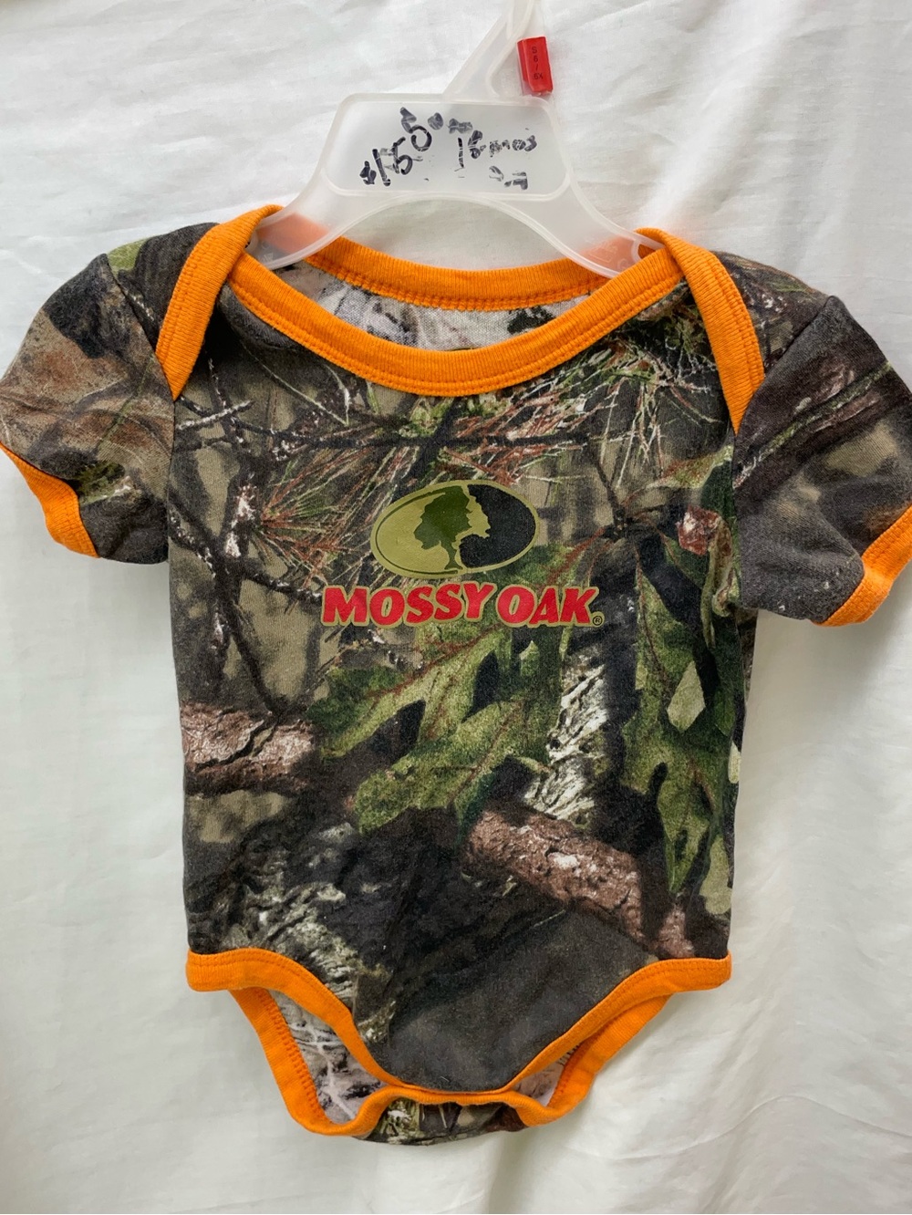 Mossy Oak Camo Baby Onesie with Orange Trim sz 12mos